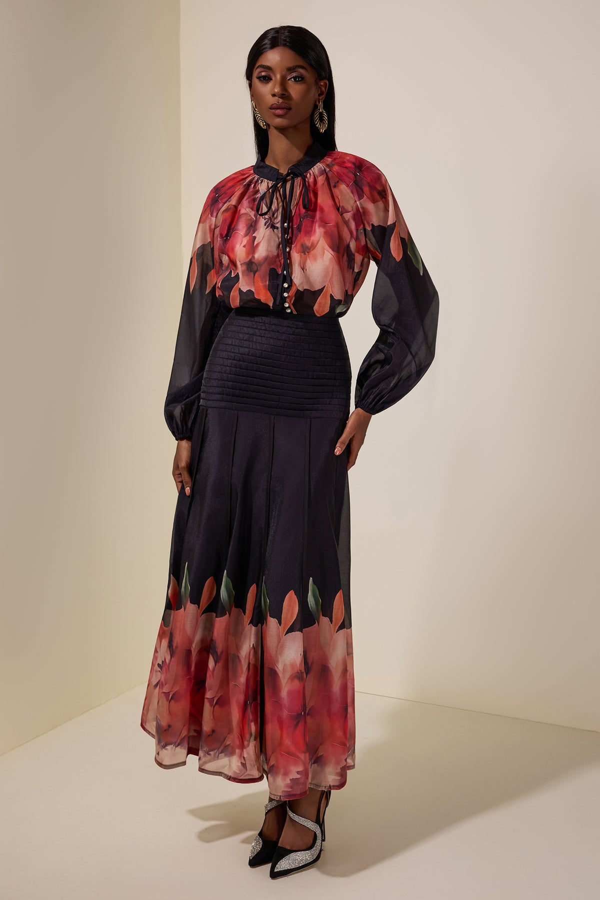 Floral Lace-Up Top & Pleated Midi Skirt Set