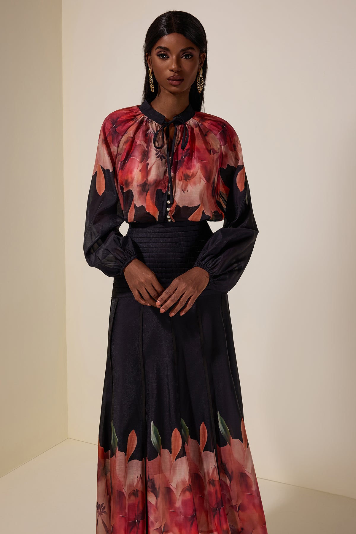 Floral Lace-Up Top & Pleated Midi Skirt Set