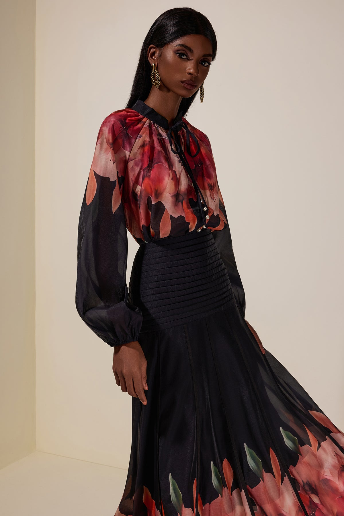 Floral Lace-Up Top & Pleated Midi Skirt Set