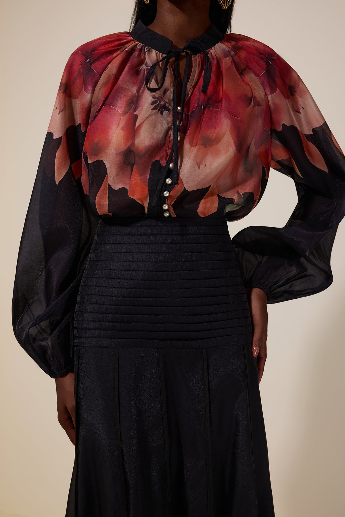 Floral Lace-Up Top & Pleated Midi Skirt Set