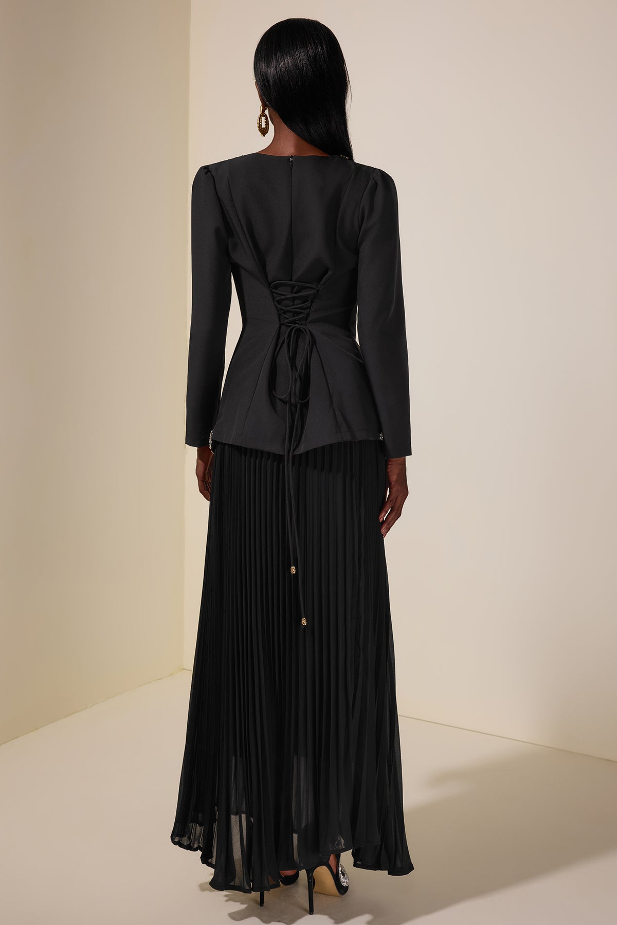 Rhinestone Long Sleeve Top & High Waist Pleated Midi Skirt Set