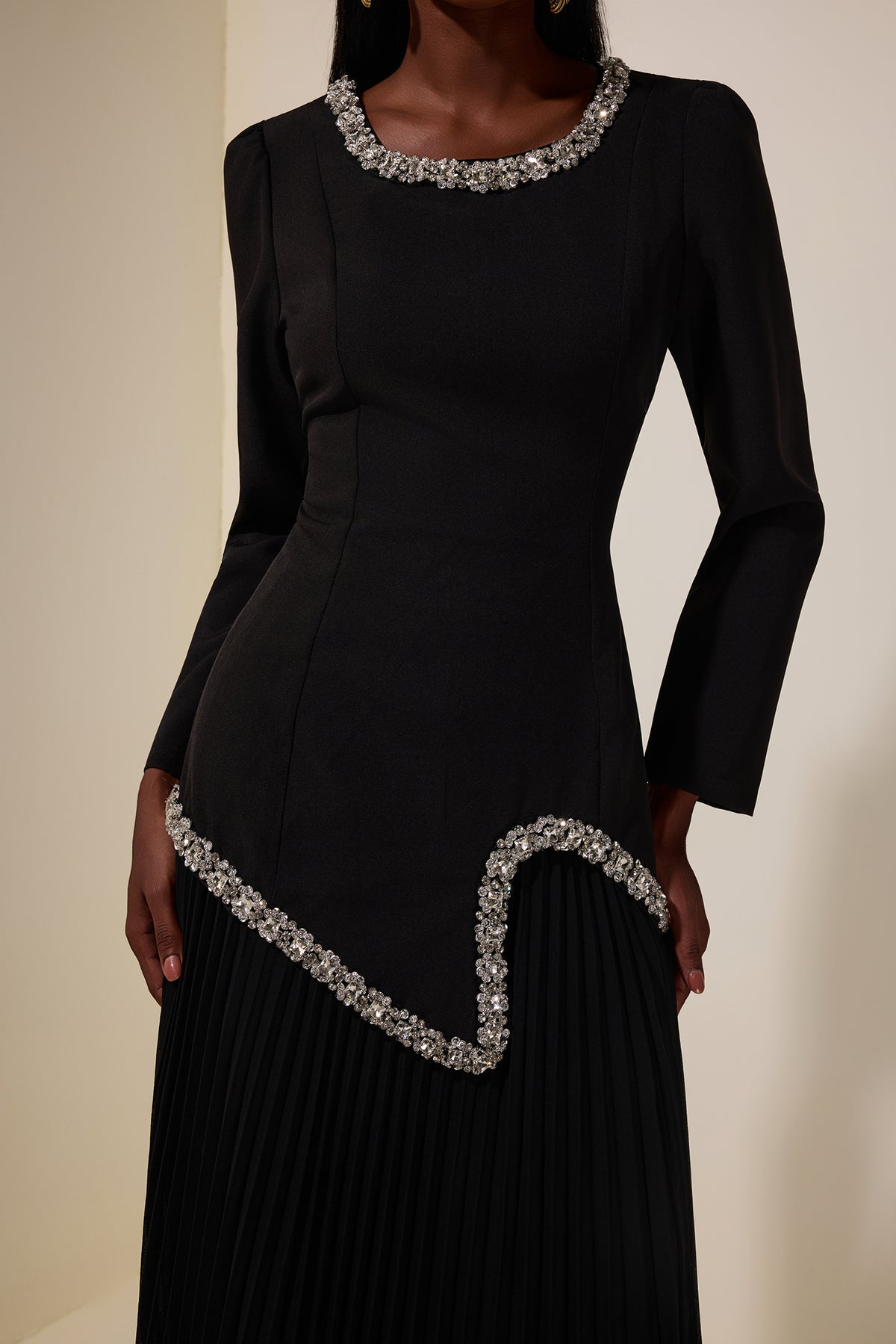 Rhinestone Long Sleeve Top & High Waist Pleated Midi Skirt Set