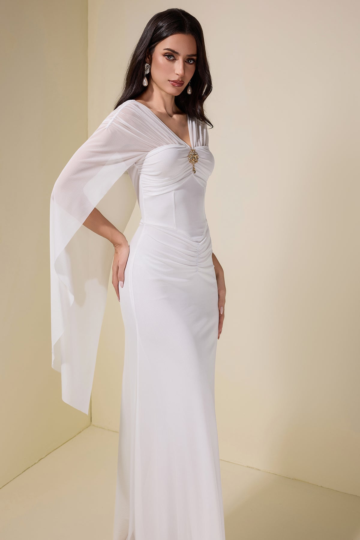Mesh Cape Sleeve Metal Decorations Maxi Dress
