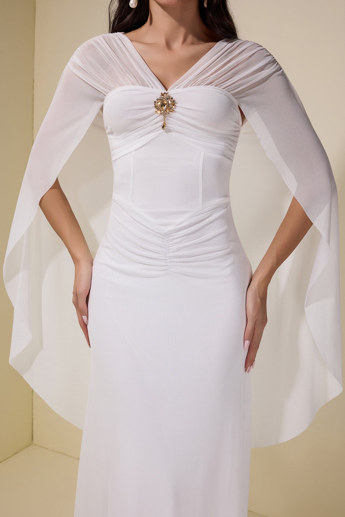 Mesh Cape Sleeve Metal Decorations Maxi Dress