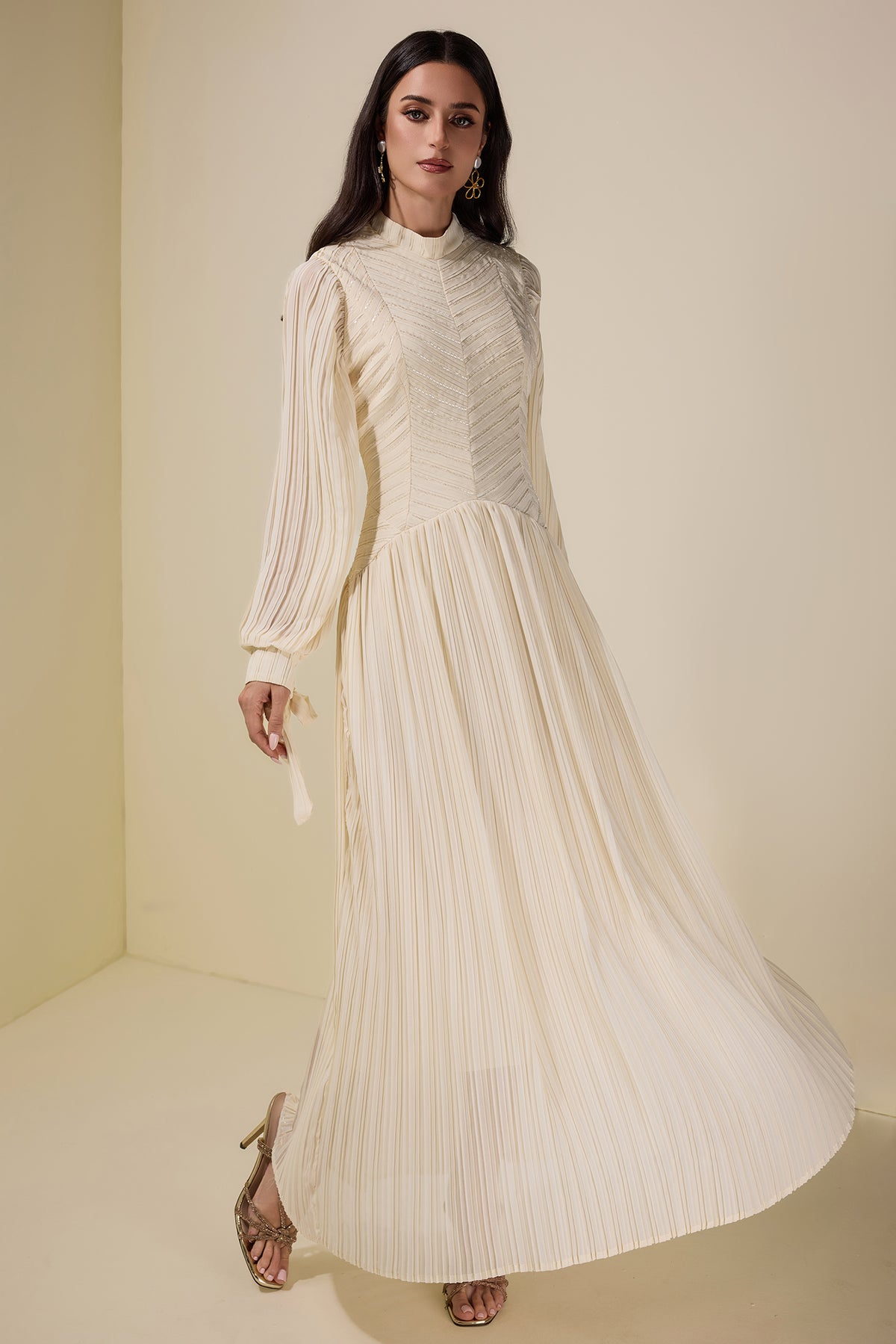 Chiffon Pleated Beaded Maxi Dress