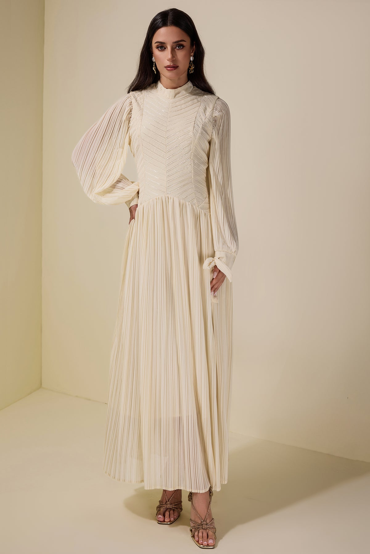Chiffon Pleated Beaded Maxi Dress