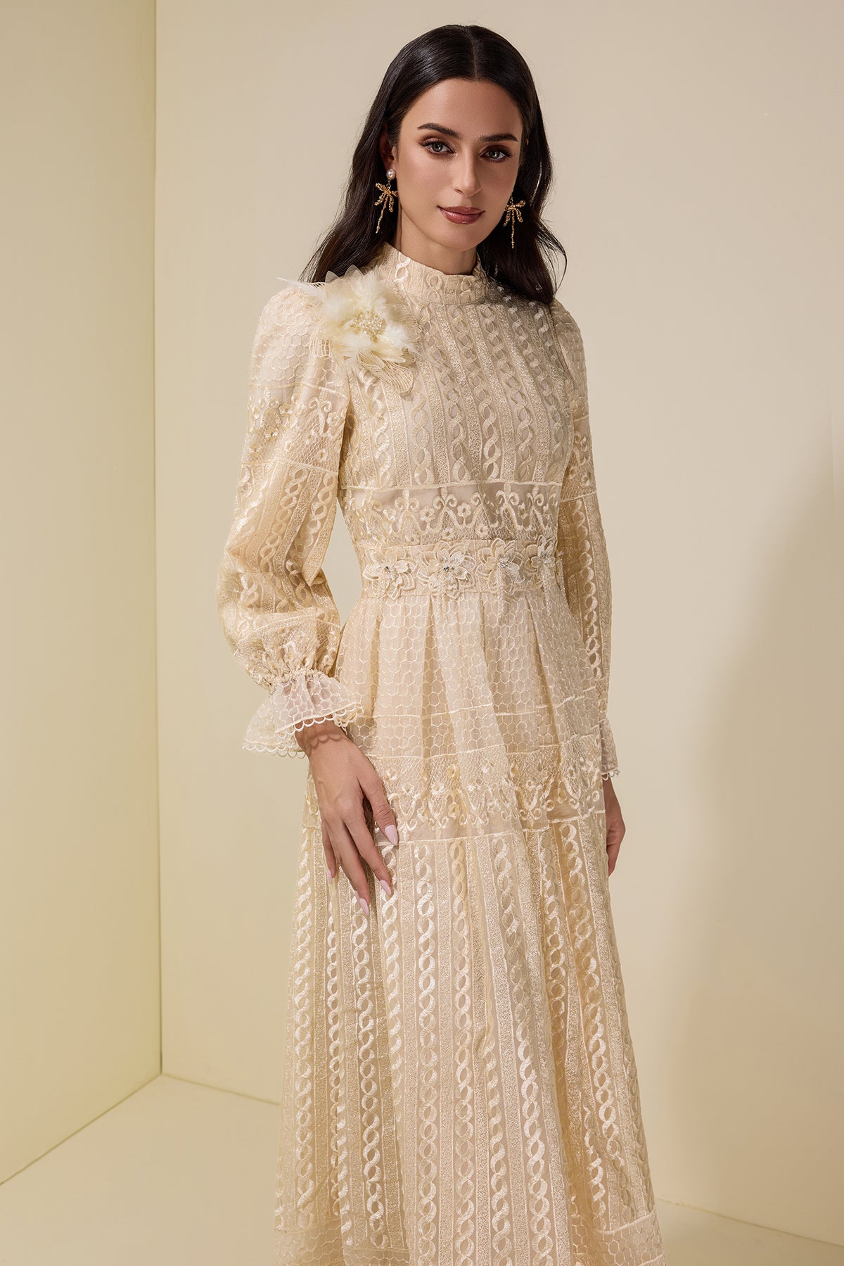 3D Flower Embroidered Beaded Maxi Dress