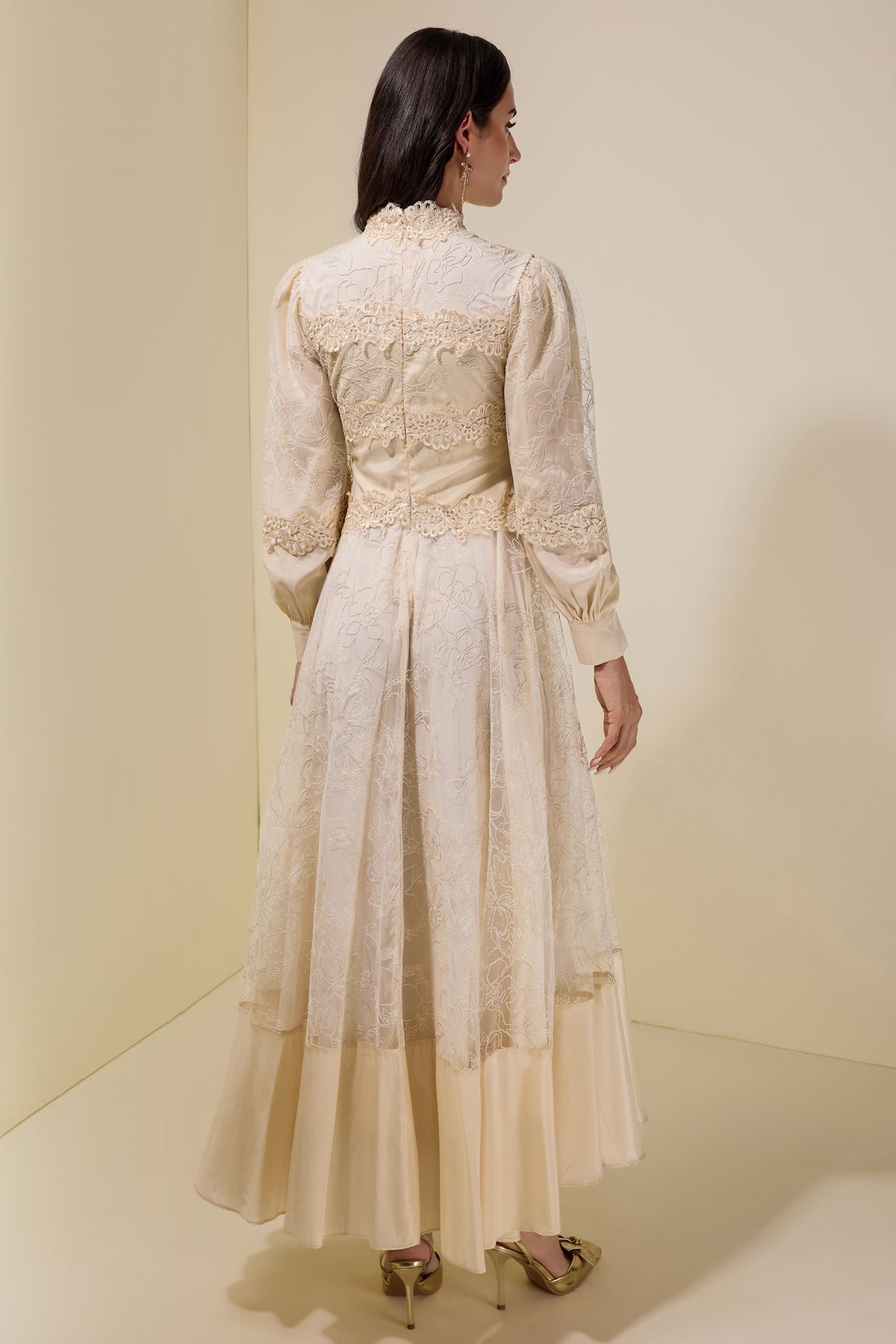 Embroidered Lace Long Sleeve Midi Dress