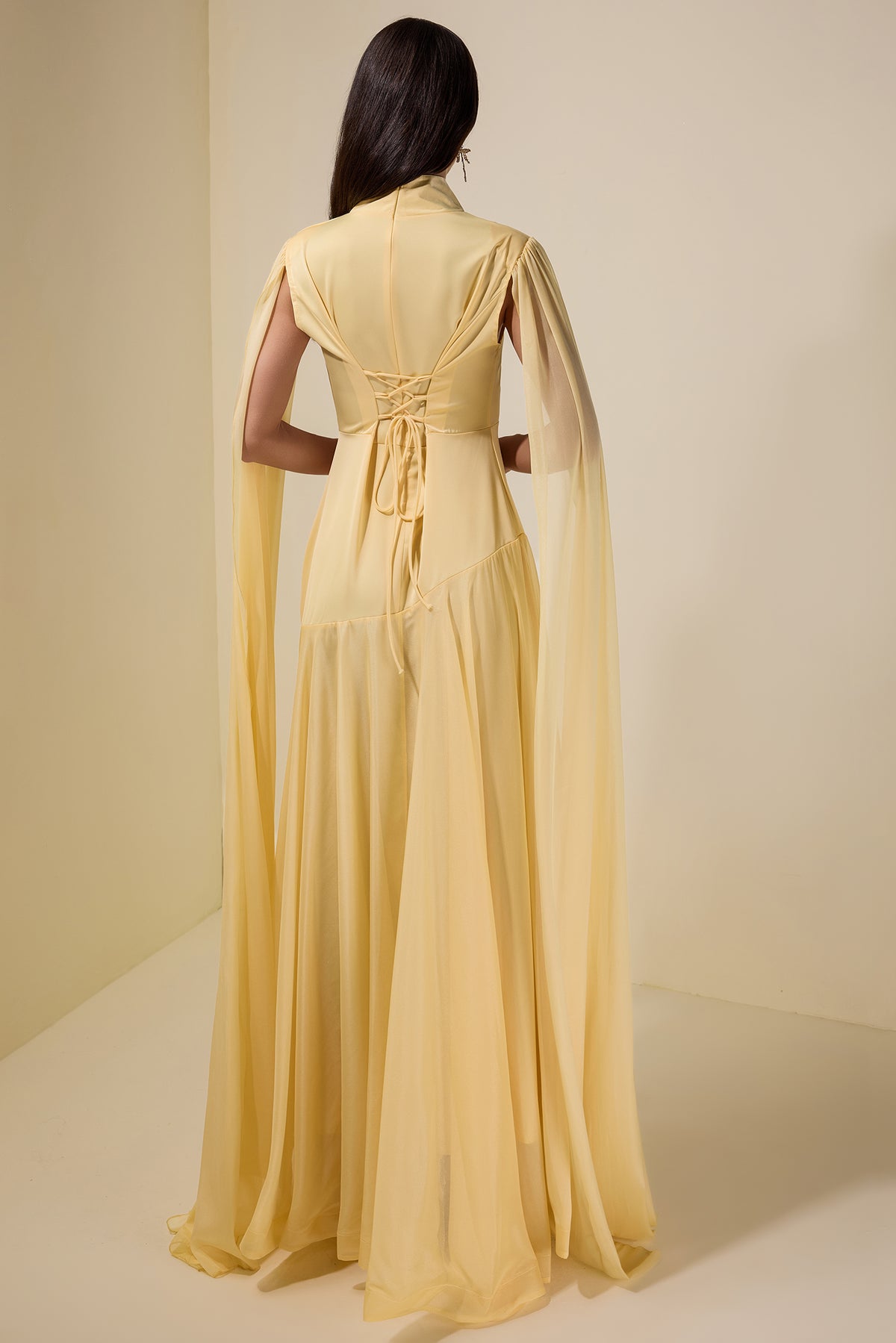 Chiffon Cape Sleeve Stand Collar Maxi Dress
