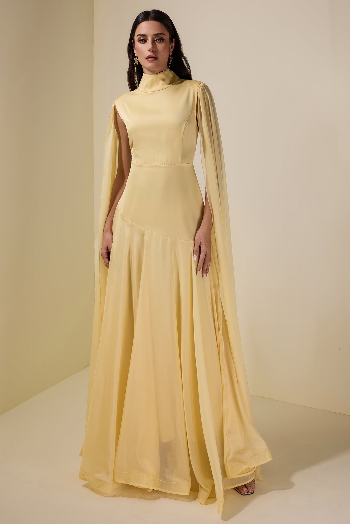 Chiffon Cape Sleeve Stand Collar Maxi Dress
