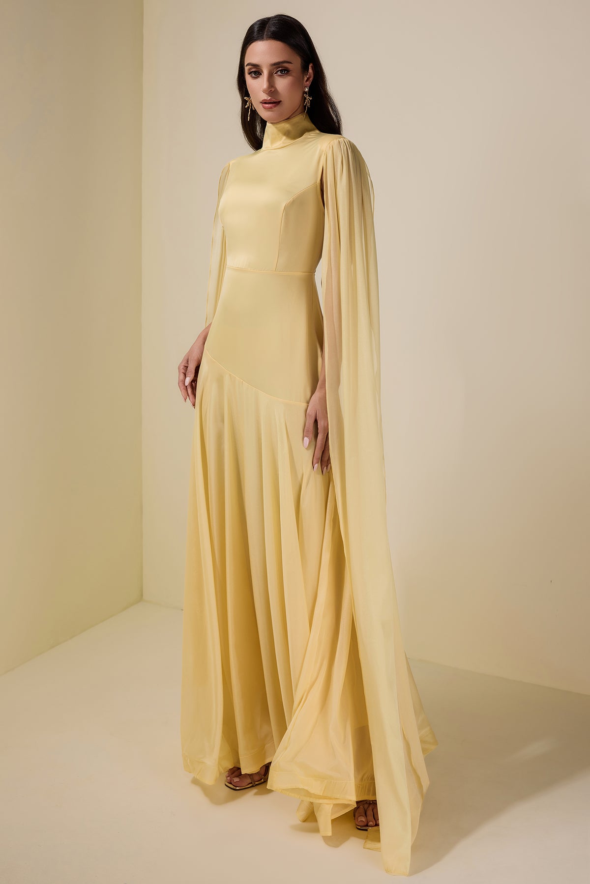 Chiffon Cape Sleeve Stand Collar Maxi Dress