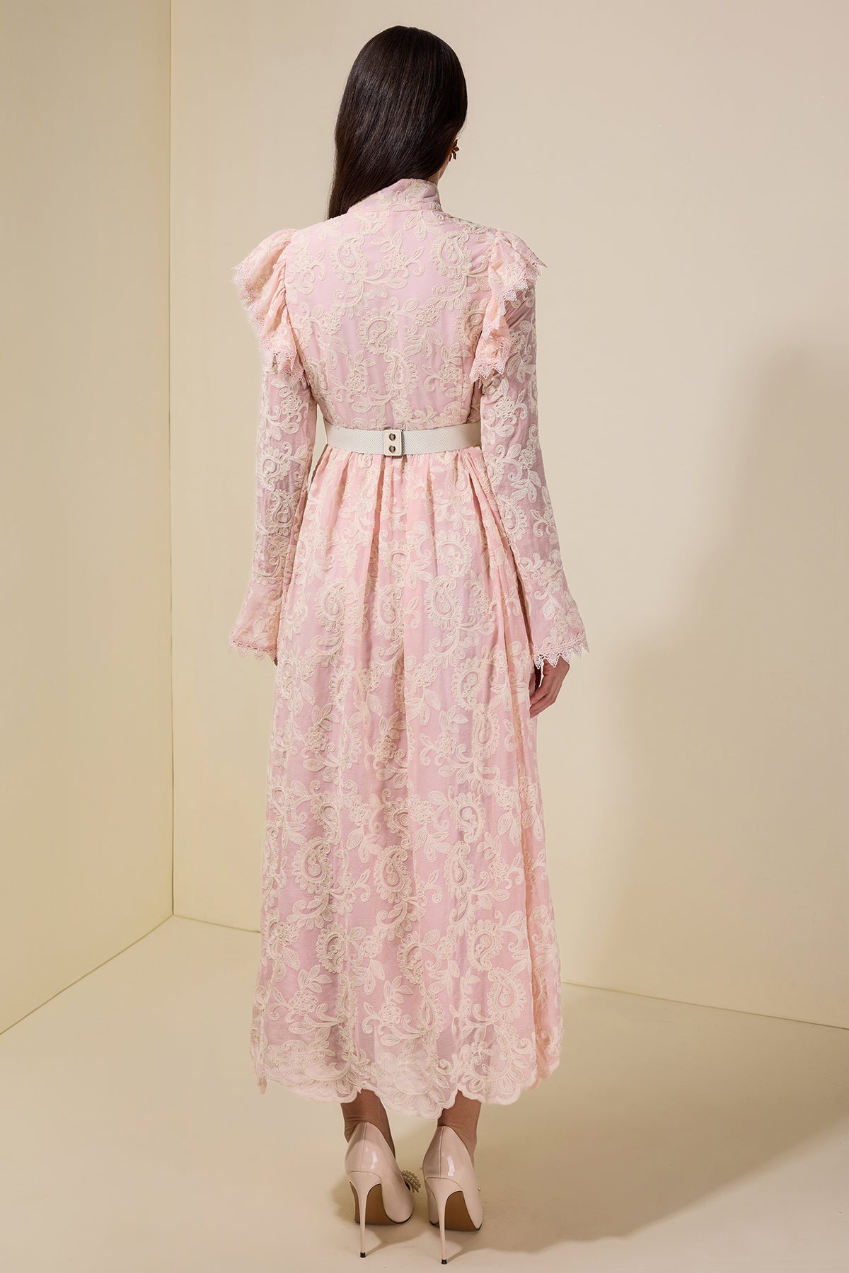 Chiffon Embroidered Single Breasted Midi Dress With Belt