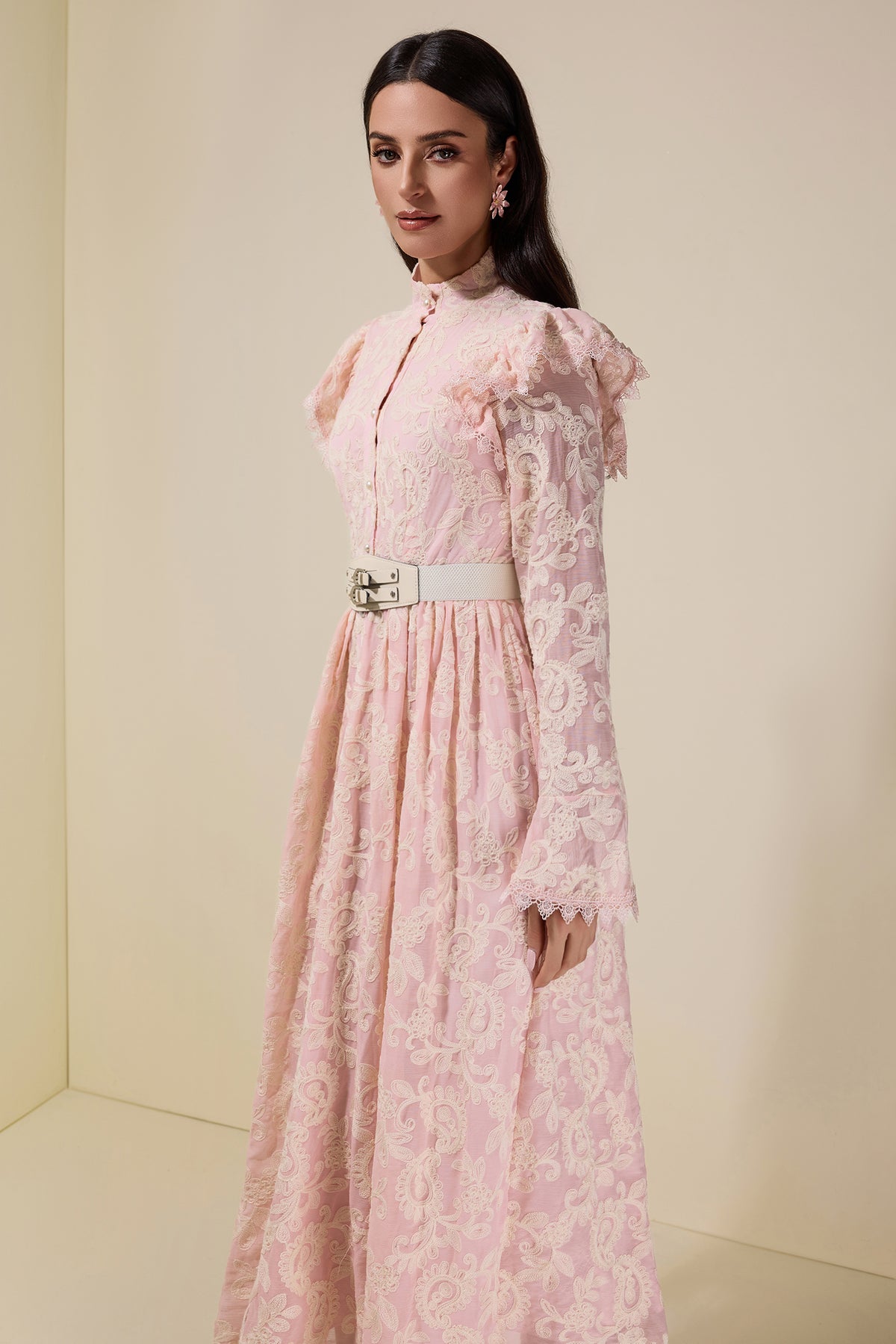 Chiffon Embroidered Single Breasted Midi Dress With Belt
