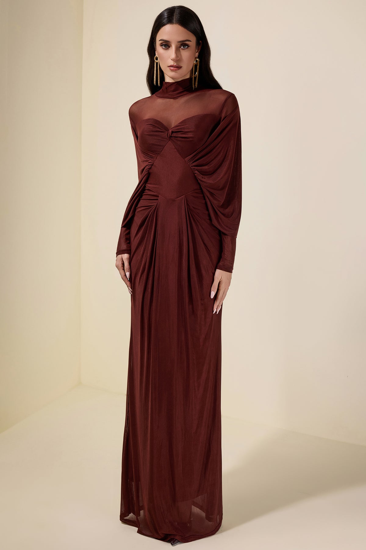 Jersey Solid Ruched Long Sleeve Maxi Dress
