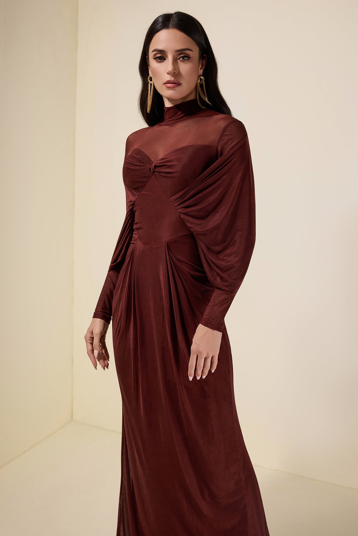 Jersey Solid Ruched Long Sleeve Maxi Dress
