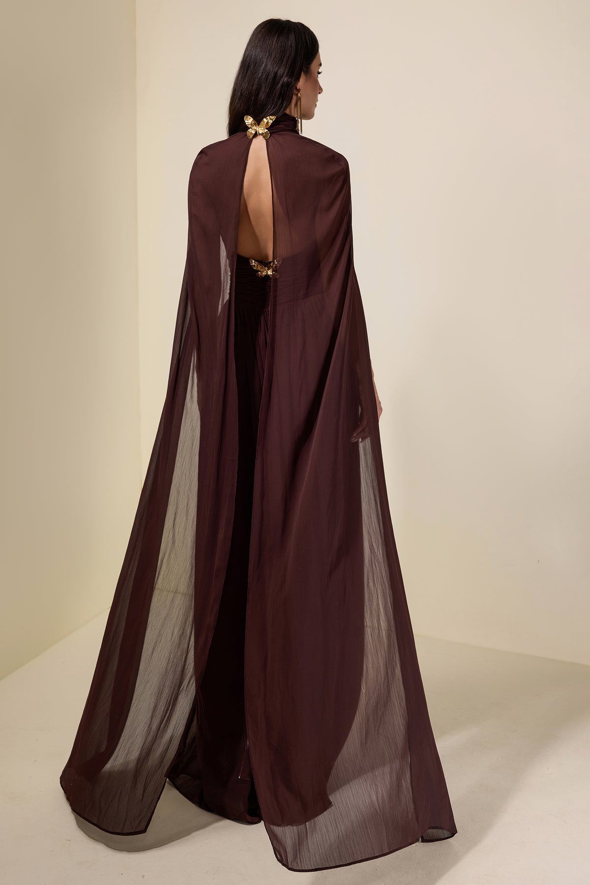 Chiffon High Neck Cape Sleeve Maxi Dress