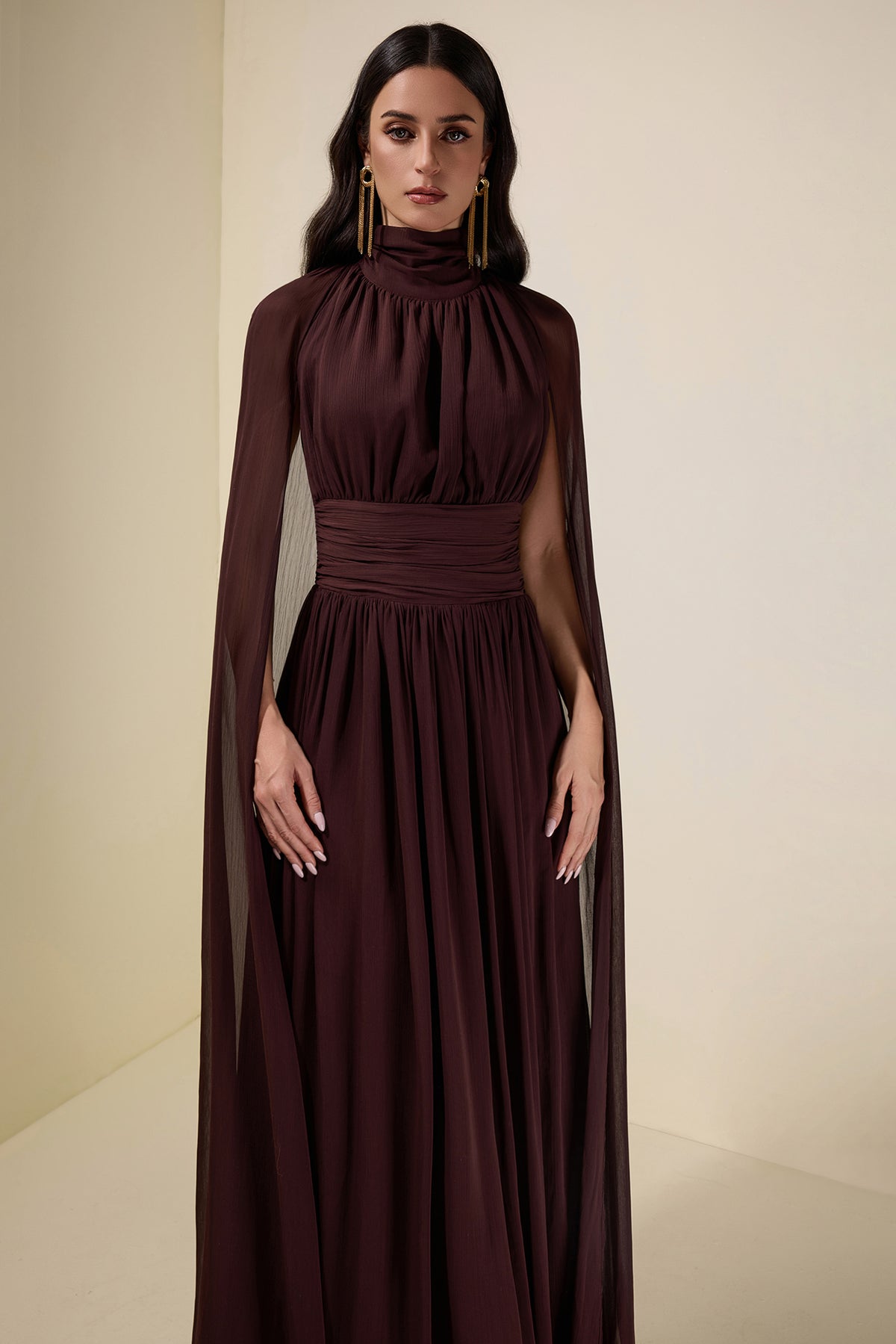 Chiffon High Neck Cape Sleeve Maxi Dress