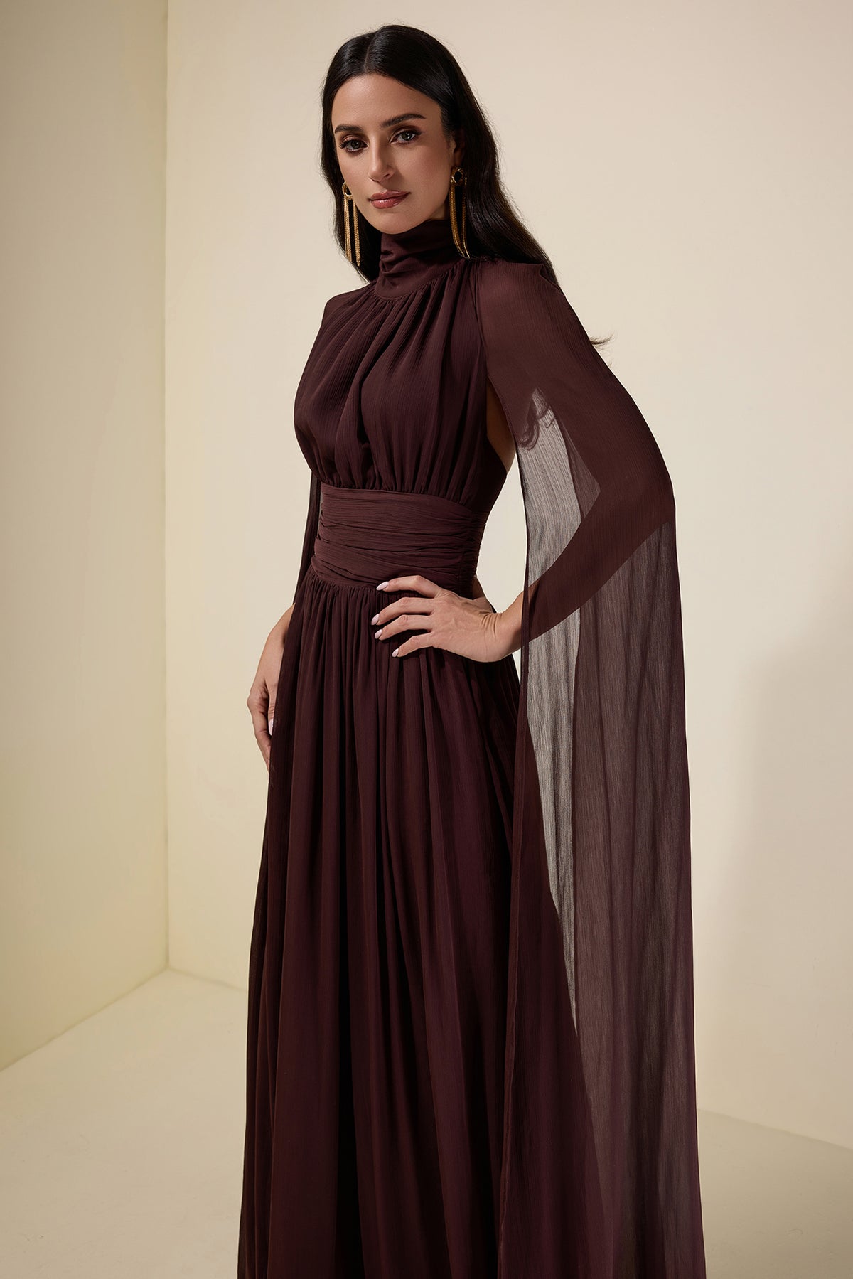 Chiffon High Neck Cape Sleeve Maxi Dress