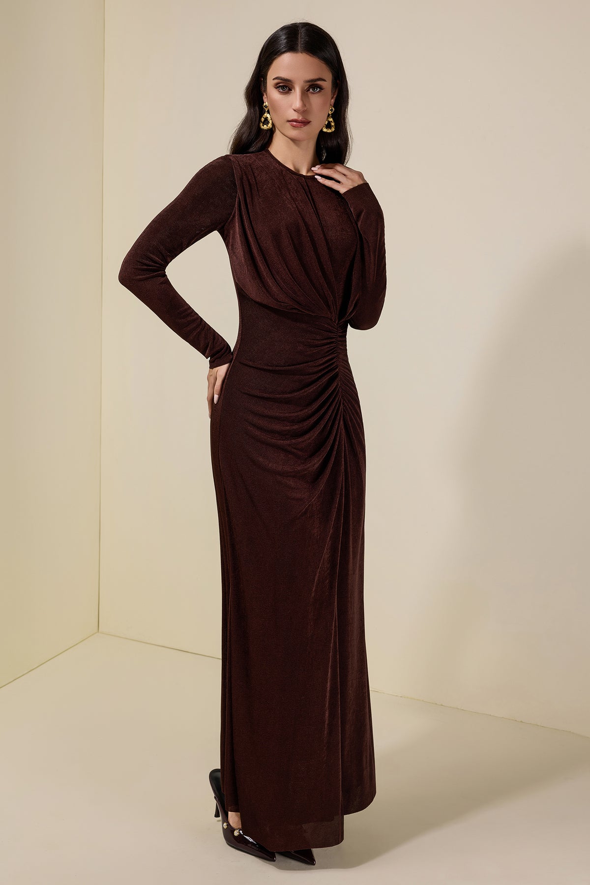 Jersey Gathering Long Sleeve Maxi Dress