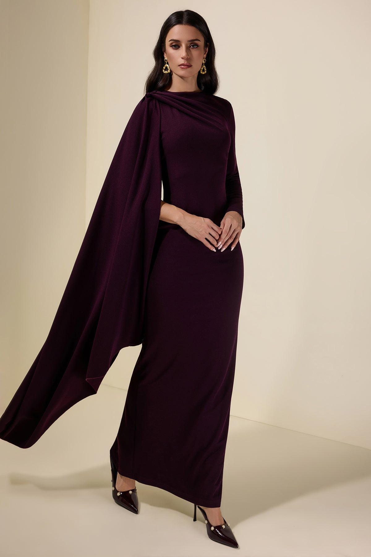 Solid One Sleeve Cape Sleeve Maxi Dress