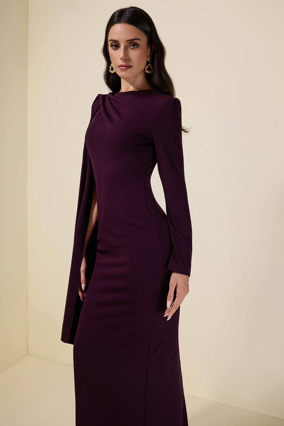 Solid One Sleeve Cape Sleeve Maxi Dress