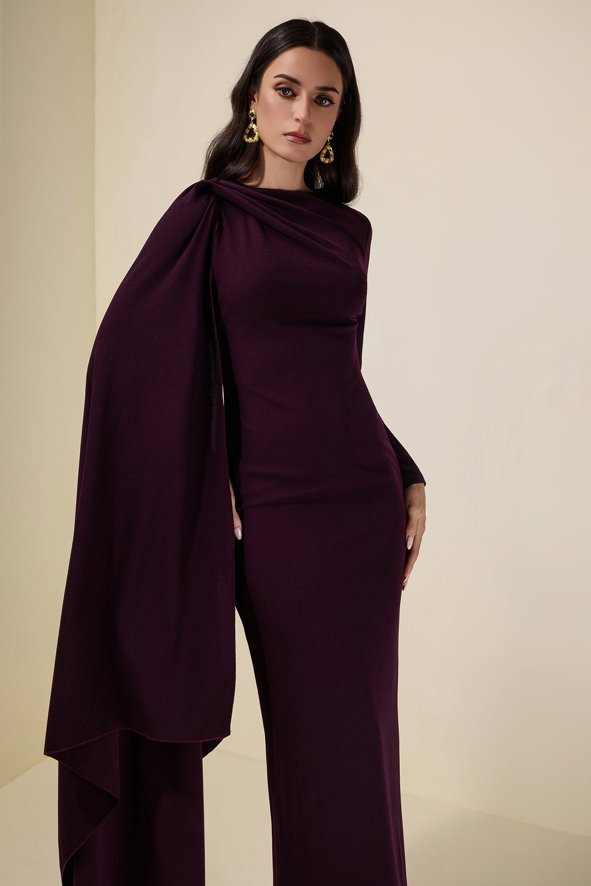 Solid One Sleeve Cape Sleeve Maxi Dress