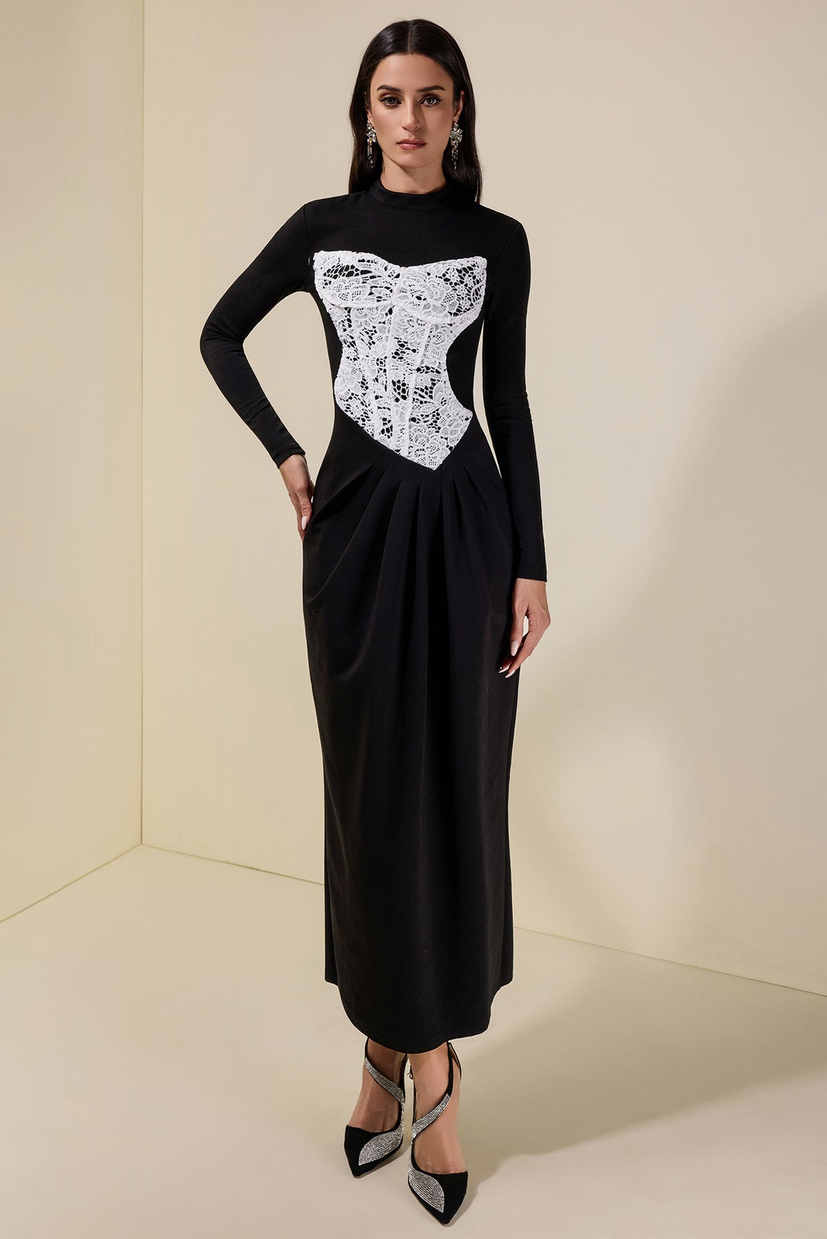 Lace Splicing Long Sleeve Maxi Dress