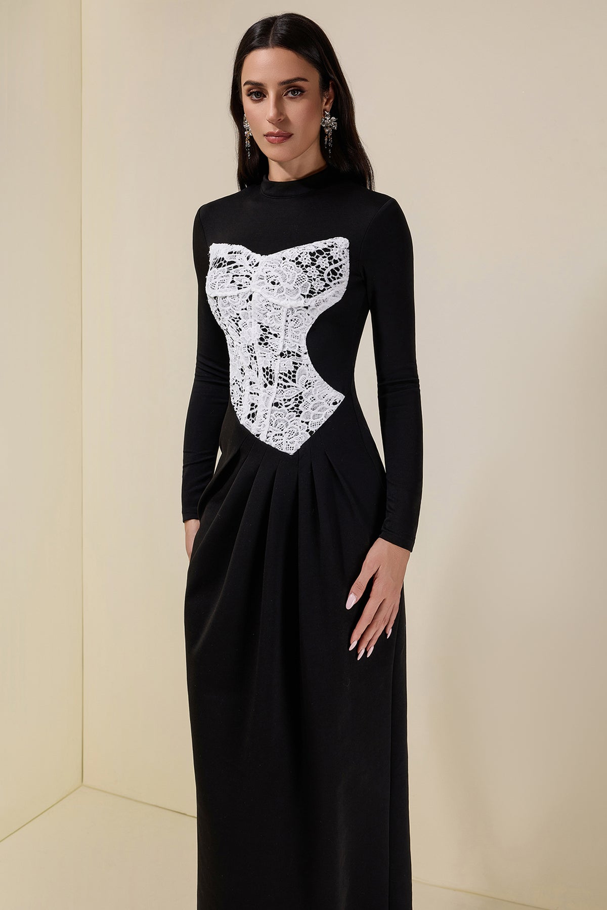 Lace Splicing Long Sleeve Maxi Dress