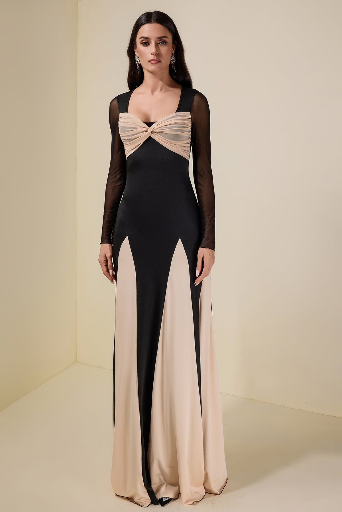 Contrast Color Jersey Splicing Mesh Maxi Dress