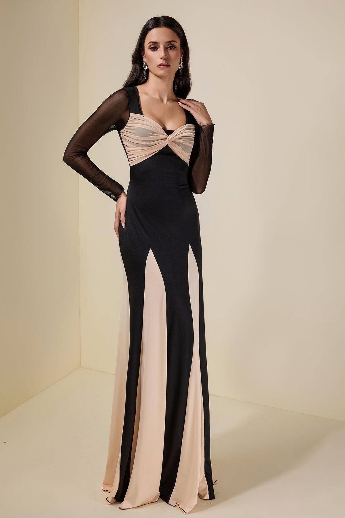Contrast Color Jersey Splicing Mesh Maxi Dress