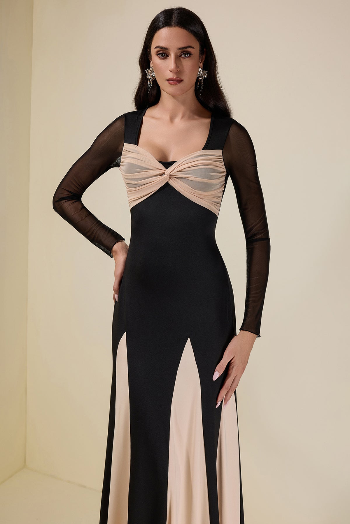 Contrast Color Jersey Splicing Mesh Maxi Dress