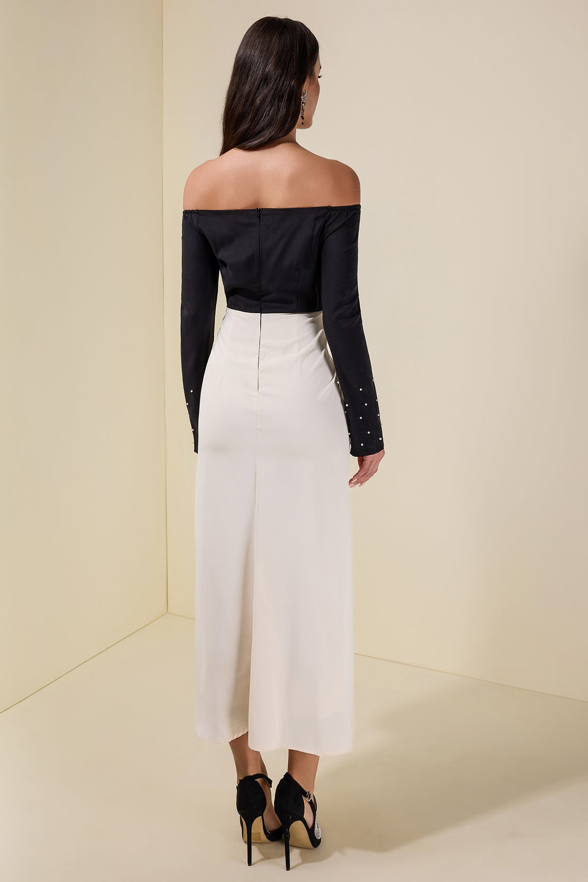 Contrast Color Faux Pearl Off Shoulder Midi Dress