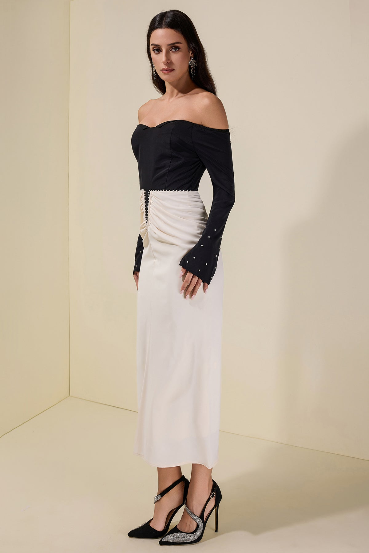 Contrast Color Faux Pearl Off Shoulder Midi Dress