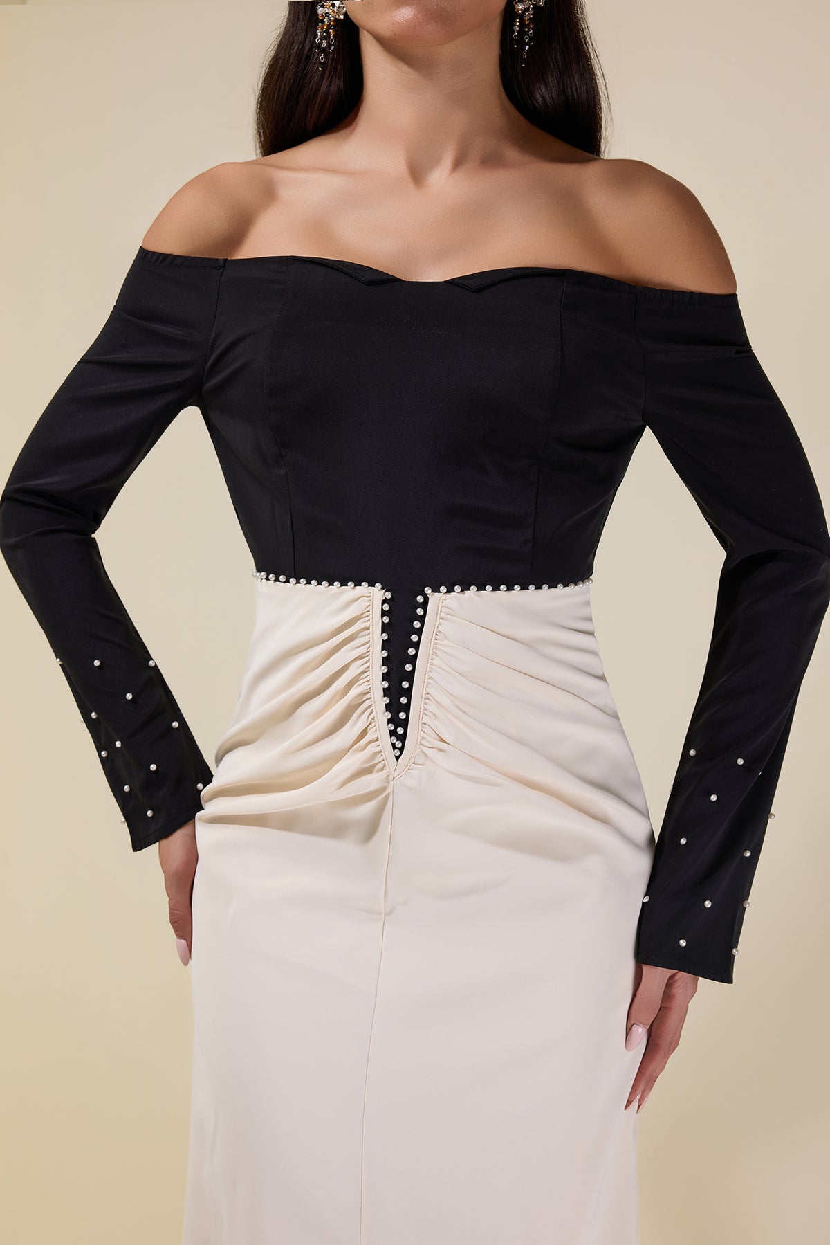 Contrast Color Faux Pearl Off Shoulder Midi Dress