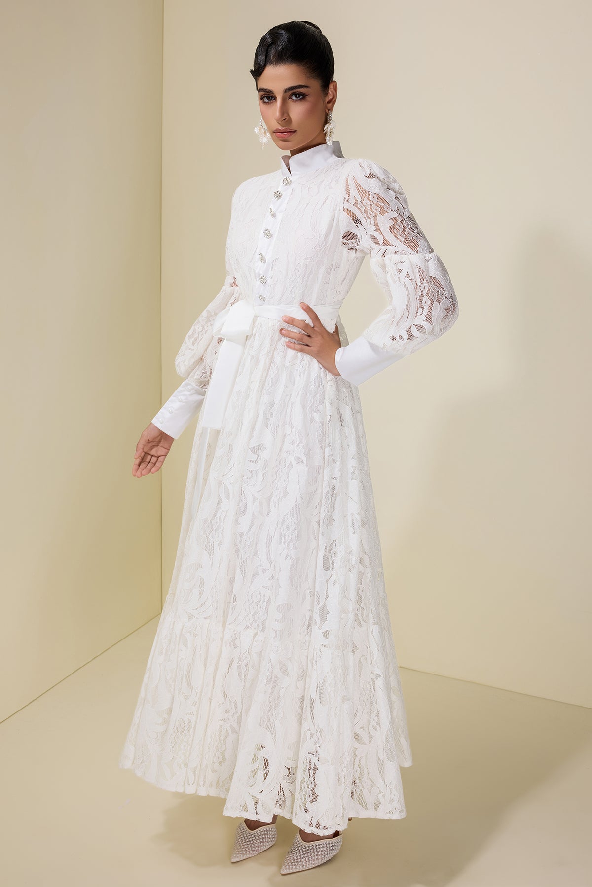 Lace Puff Sleeve Maxi Dress With Belt