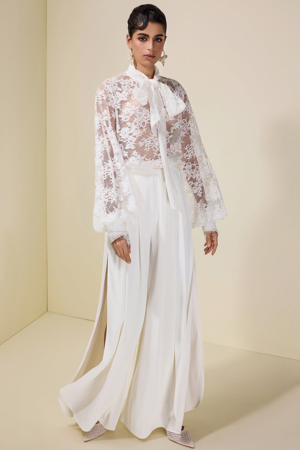 Lace Tie-Up Top & Loose Pants Set With Belt