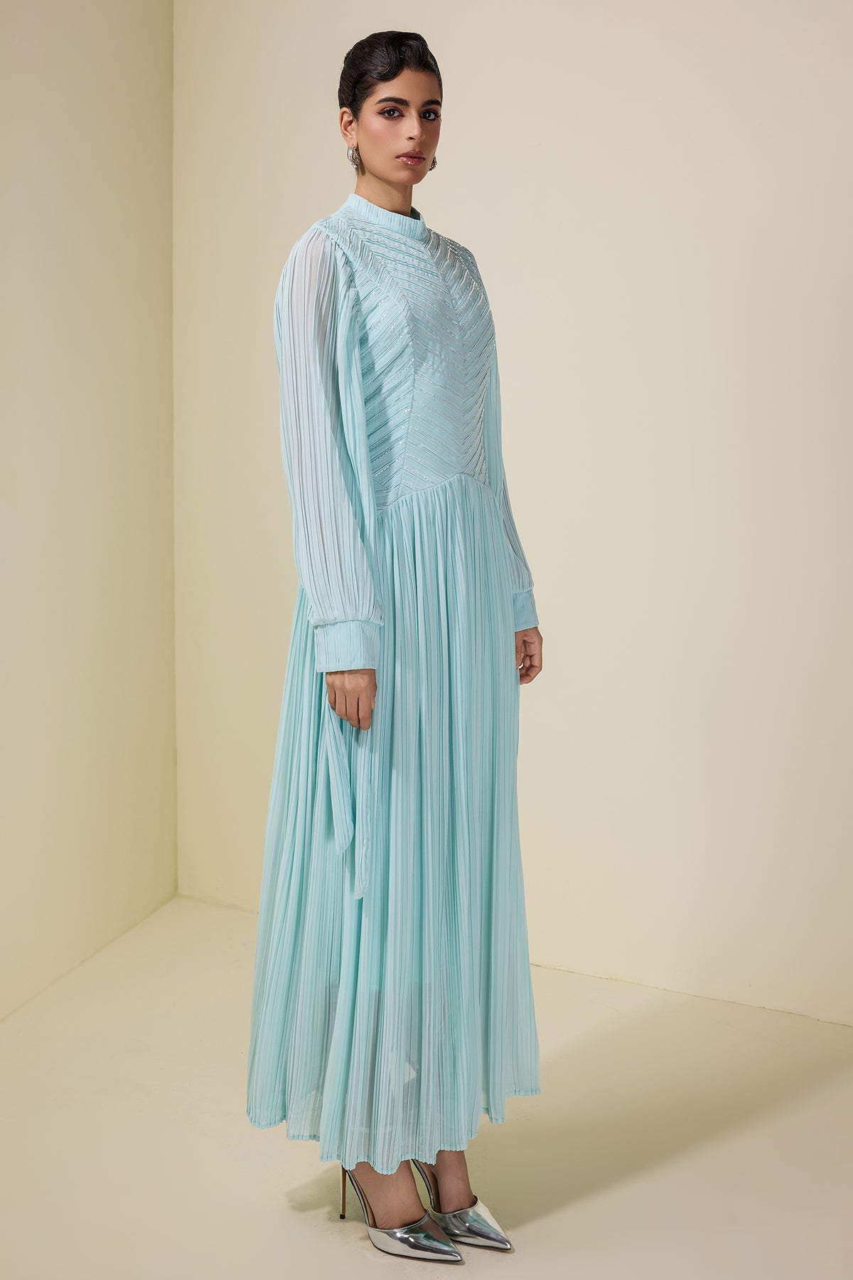 Chiffon Pleated Beaded Maxi Dress