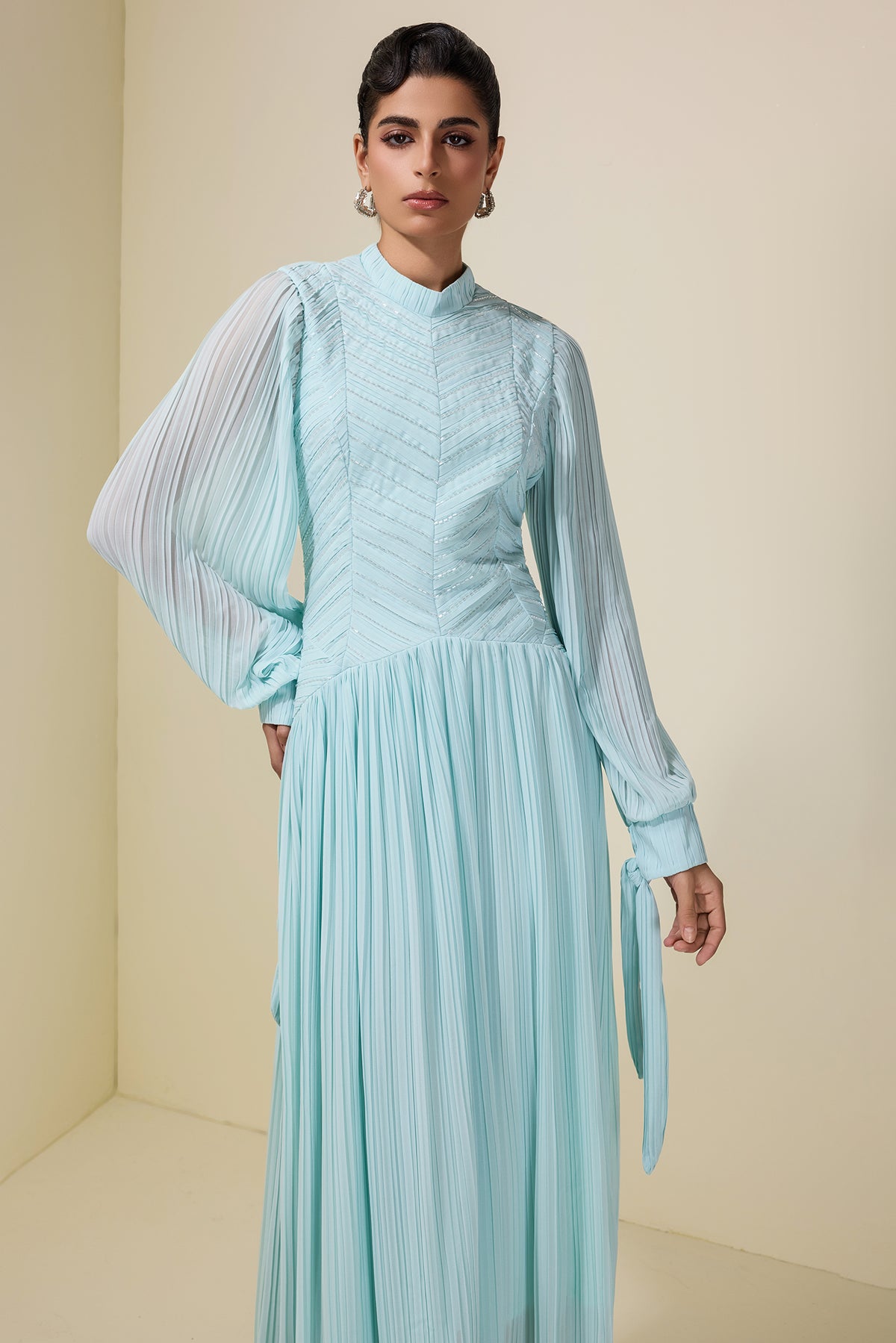 Chiffon Pleated Beaded Maxi Dress