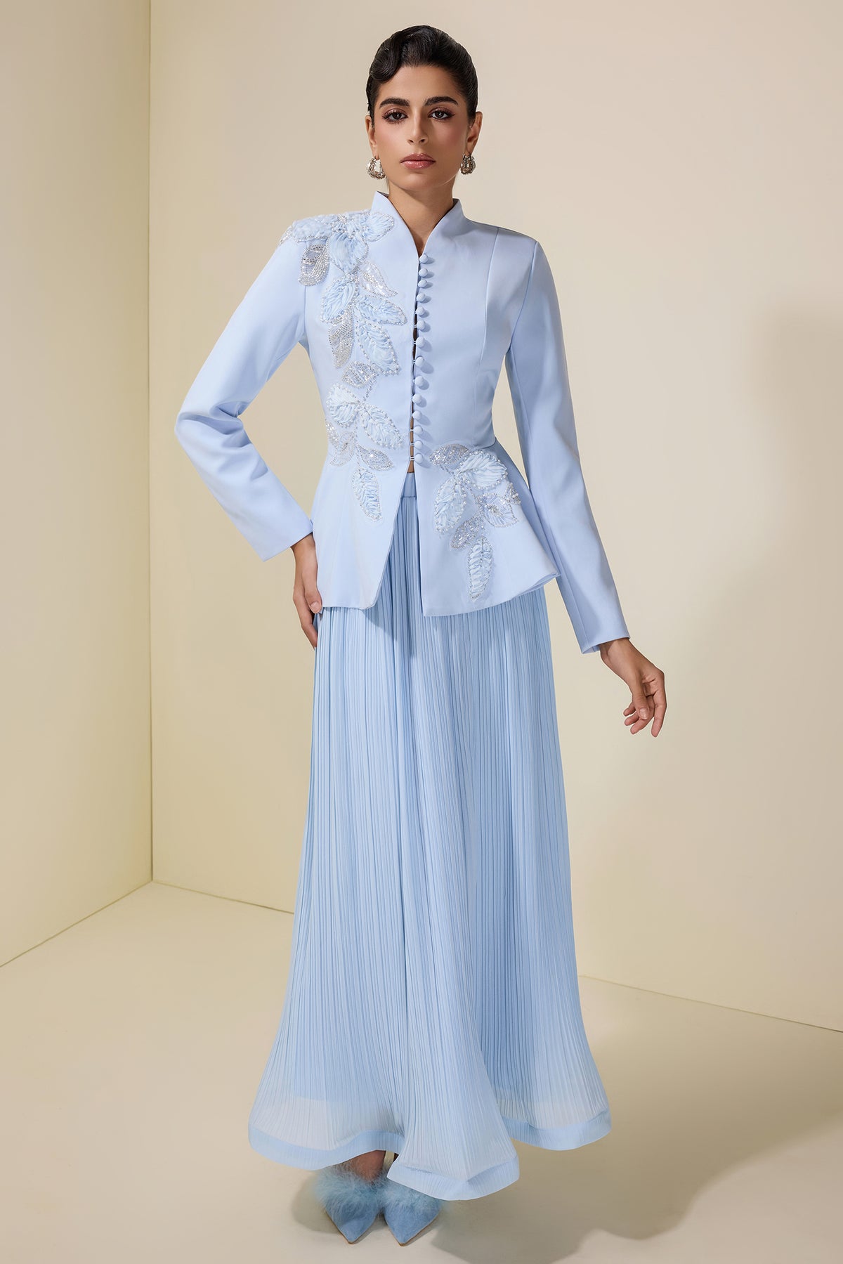 Embroidered Stand Collar Top & Pleated Midi Skirt Set
