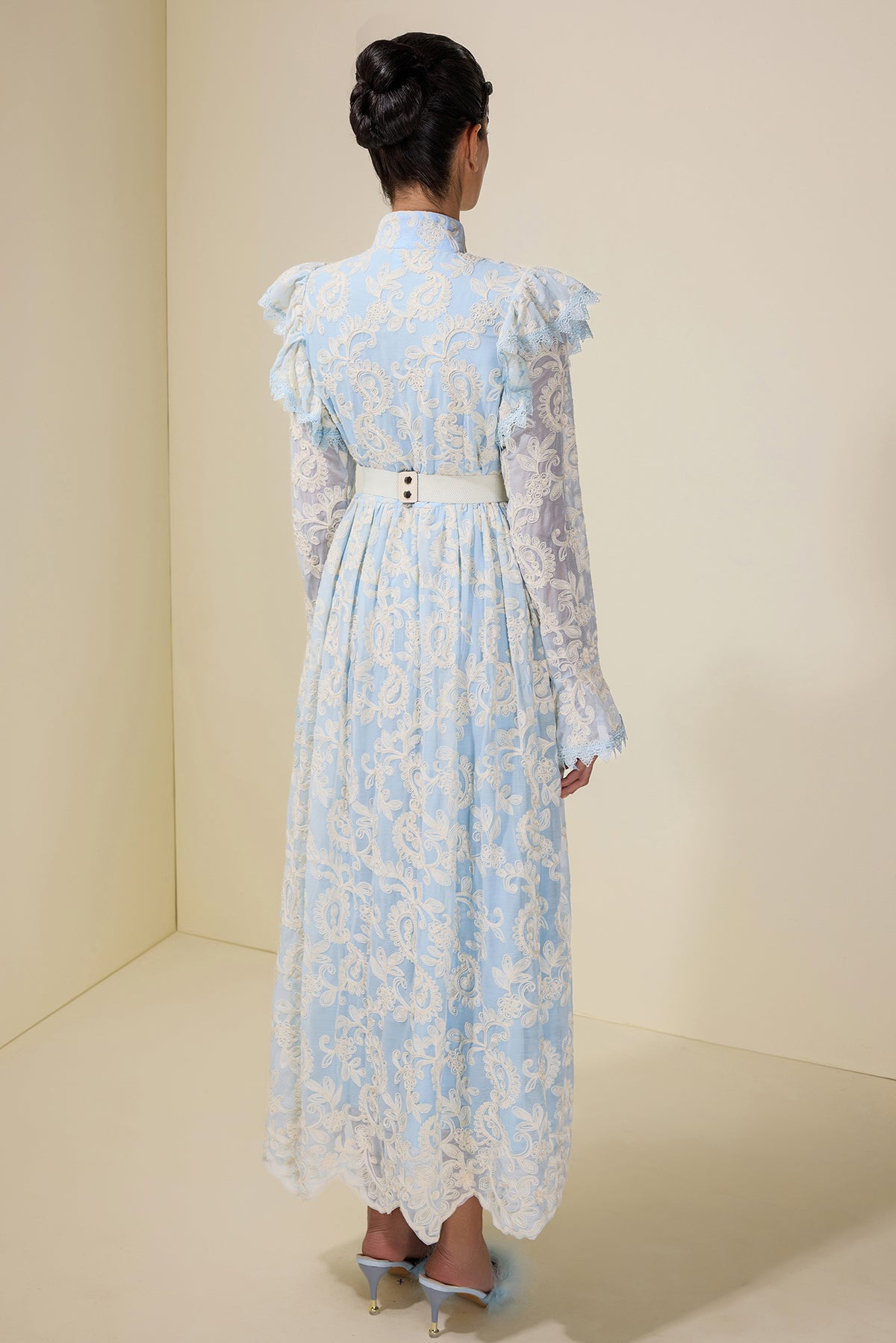 Chiffon Embroidered Single Breasted Midi Dress With Belt