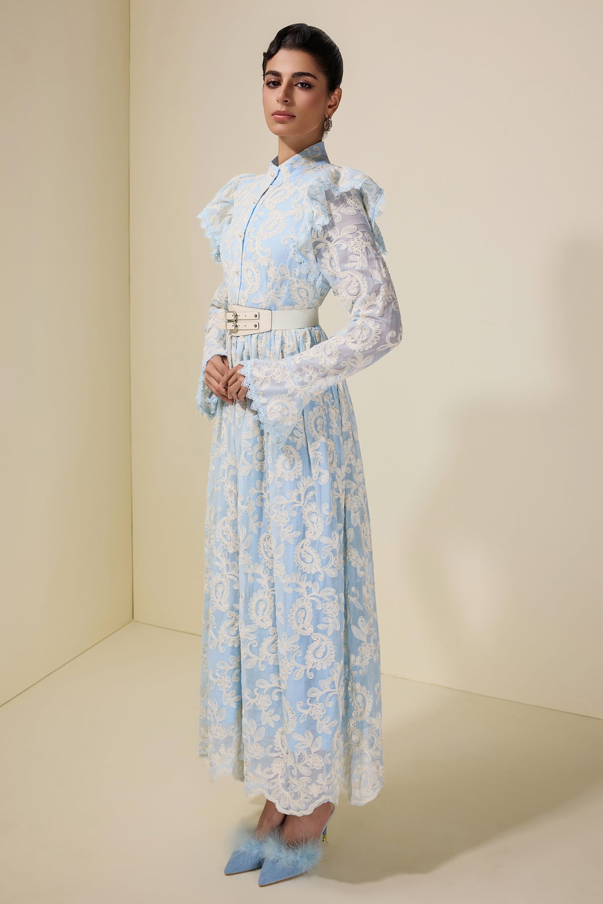 Chiffon Embroidered Single Breasted Midi Dress With Belt