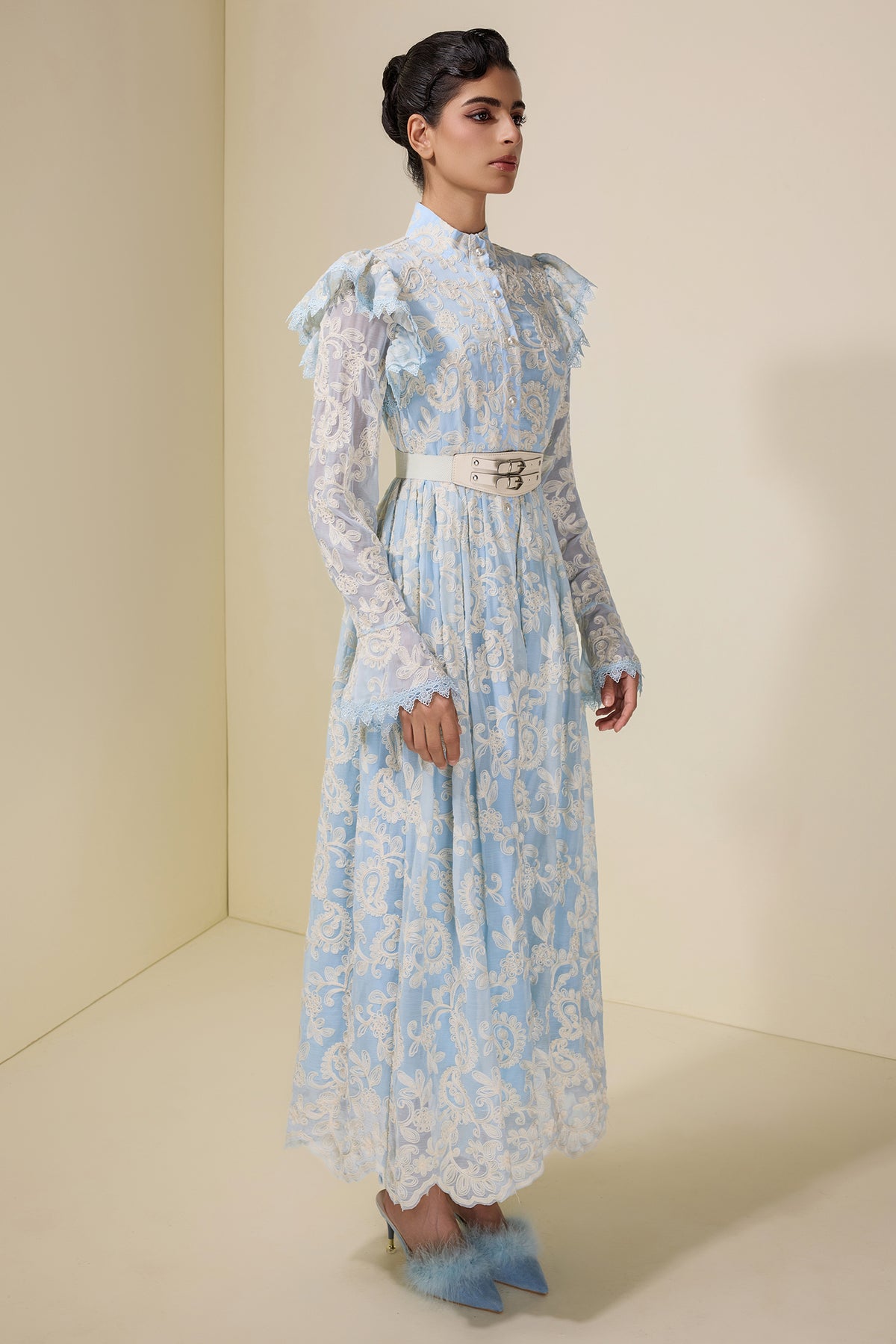 Chiffon Embroidered Single Breasted Midi Dress With Belt