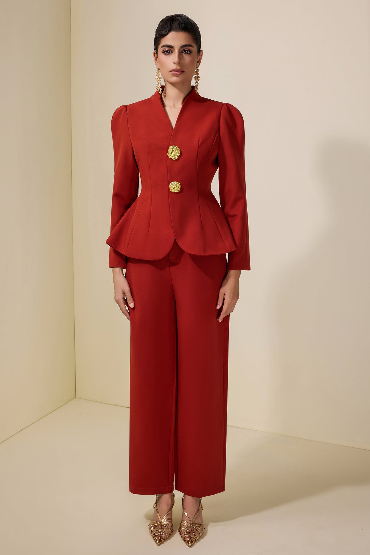 Solid Metal Button Blazer & Pants Set