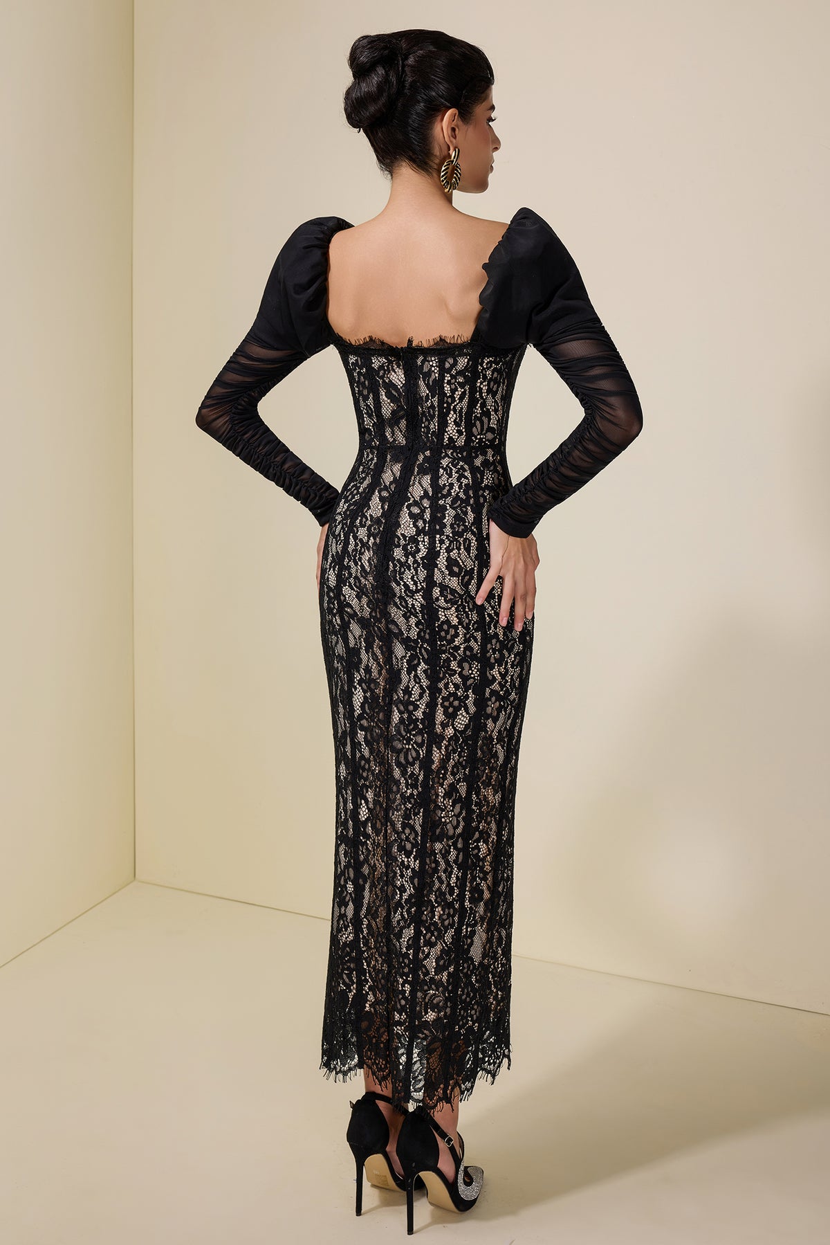Lace Splicing Mesh Puff Sleeve Midi Dress