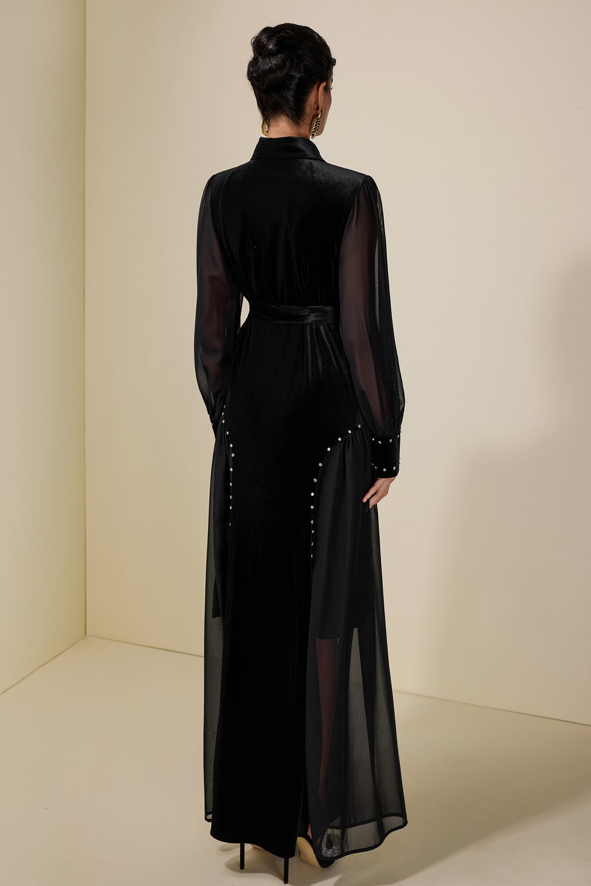 Velvet Chiffon Rhinestone Rivets Maxi Dress