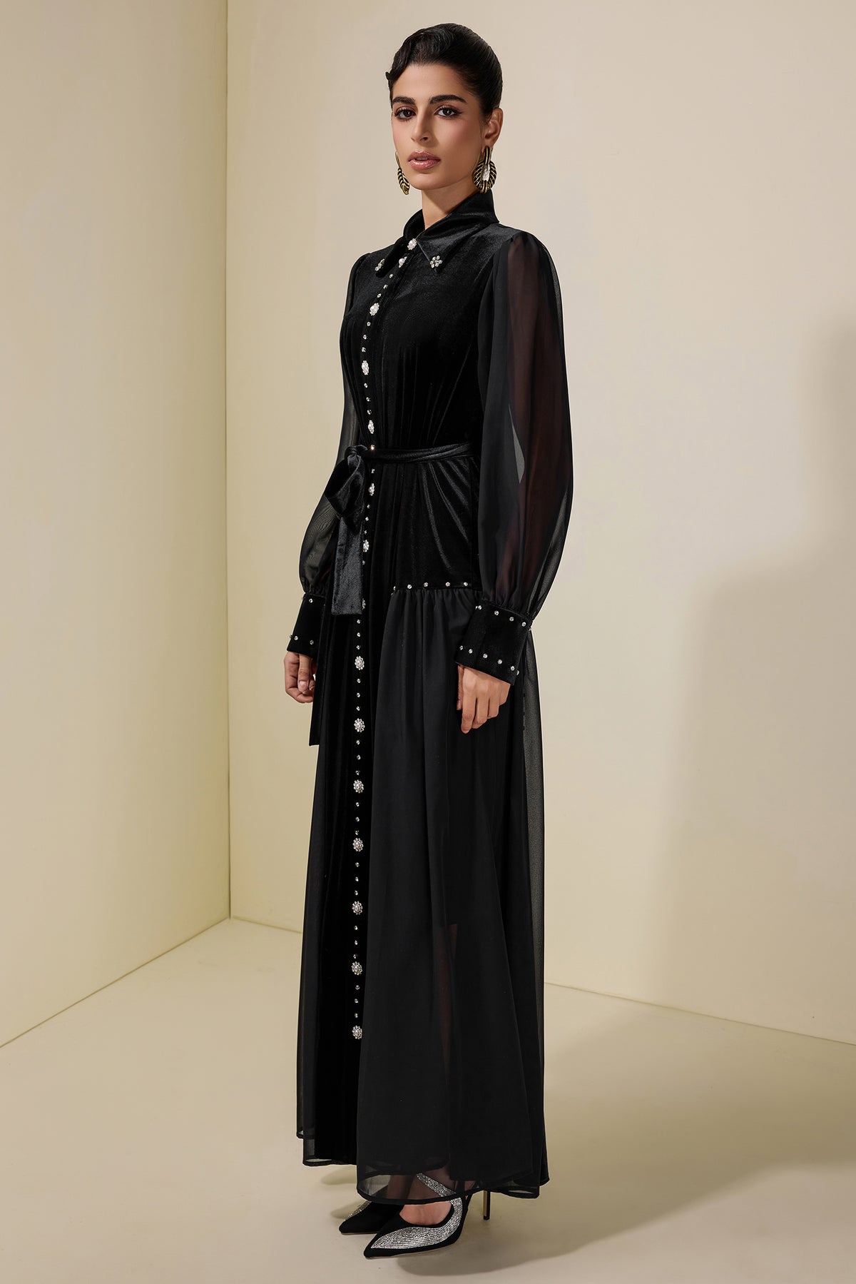 Velvet Chiffon Rhinestone Rivets Maxi Dress
