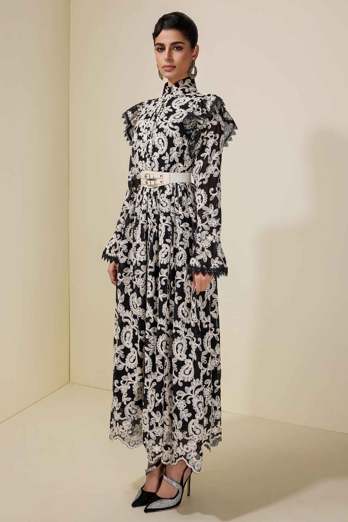 Chiffon Embroidered Single Breasted Midi Dress With Belt