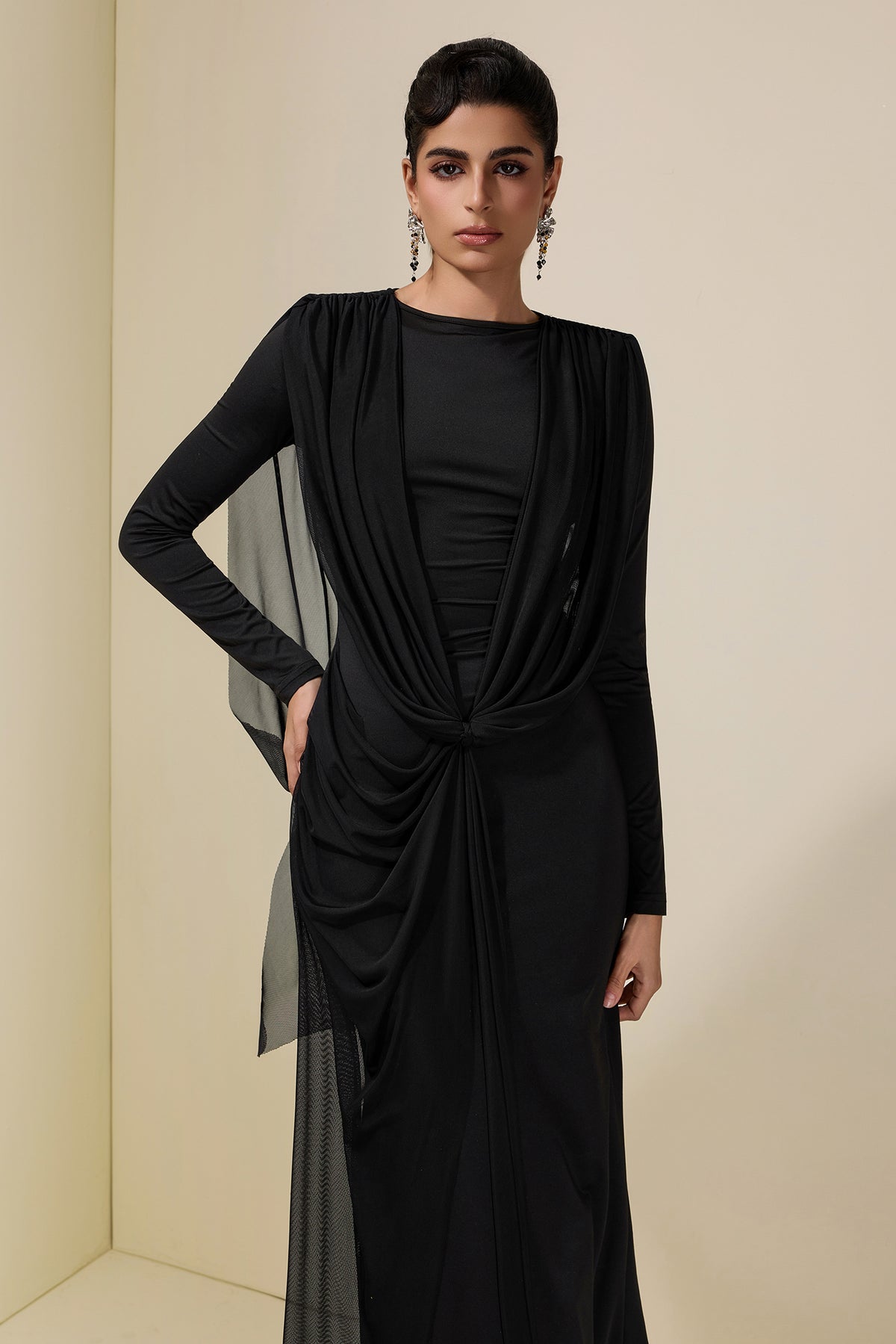 Mesh Pleated Tie-Up Maxi Dress
