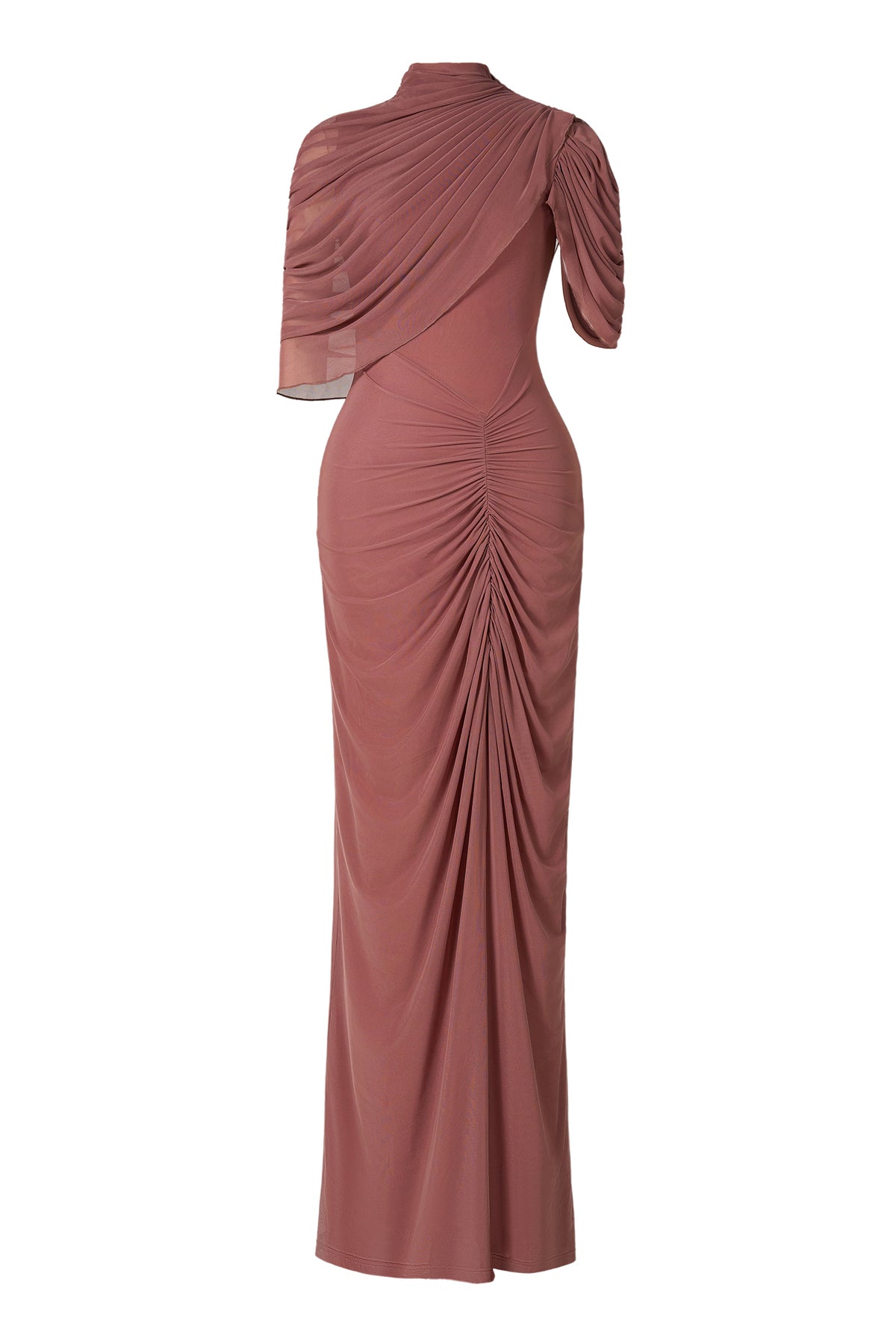 Ruched Asymmetrical High Neck Maxi Dress