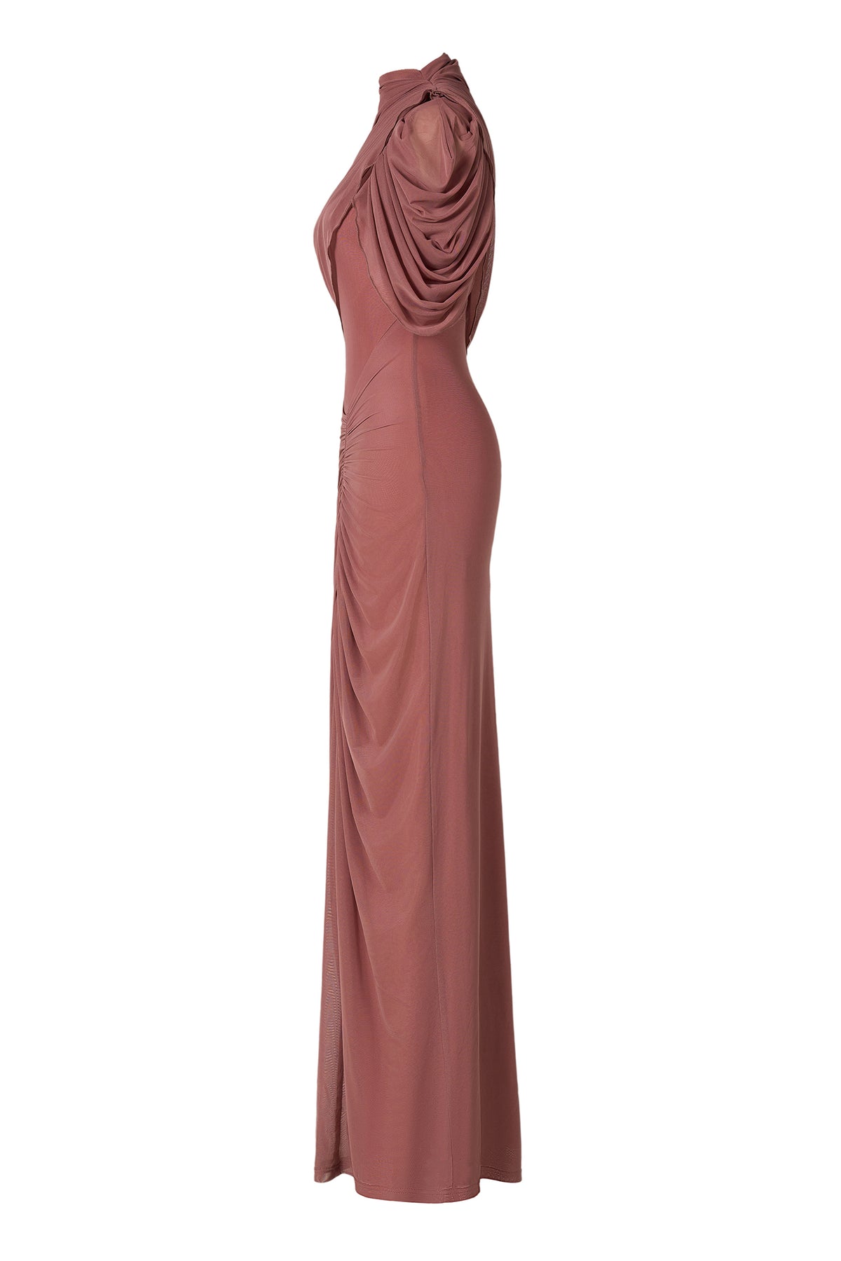 Ruched Asymmetrical High Neck Maxi Dress